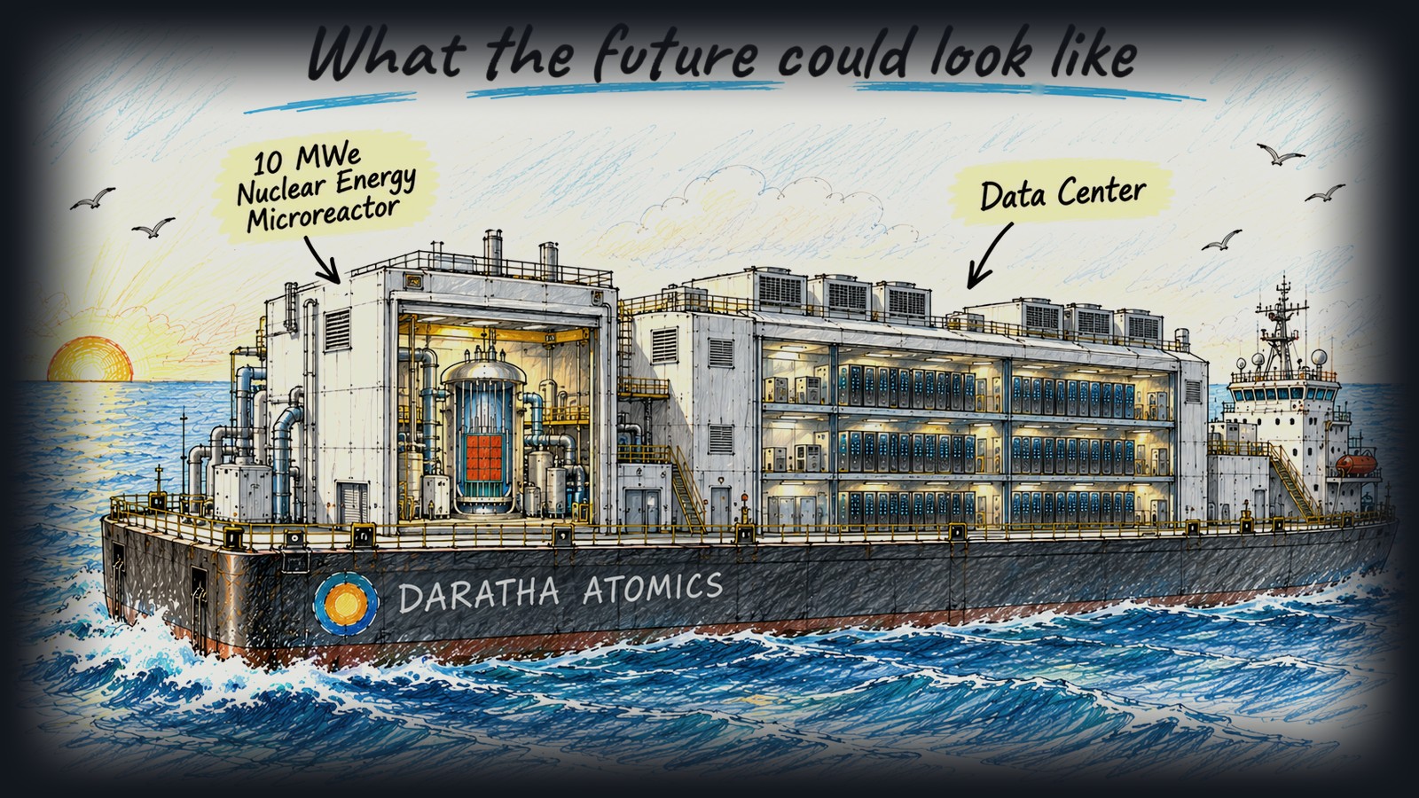 Hand drawn illustration of a floating barge carrying a 10 MWe nuclear energy microreactor beside a data center, titled What the future could look like.