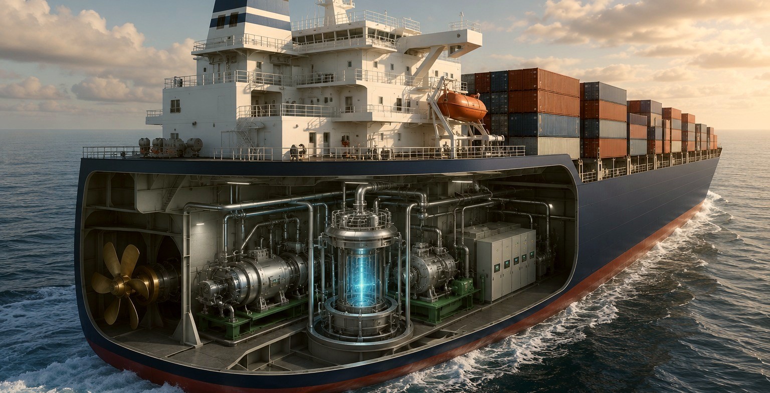 Container ship powered by an internal SMR reactor core